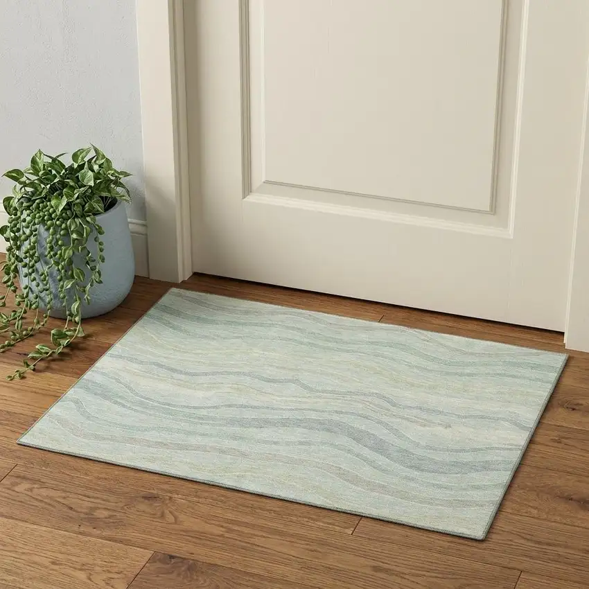 Sage Taupe And Ivory Striped Washable Area Rug With UV Protection Photo 1