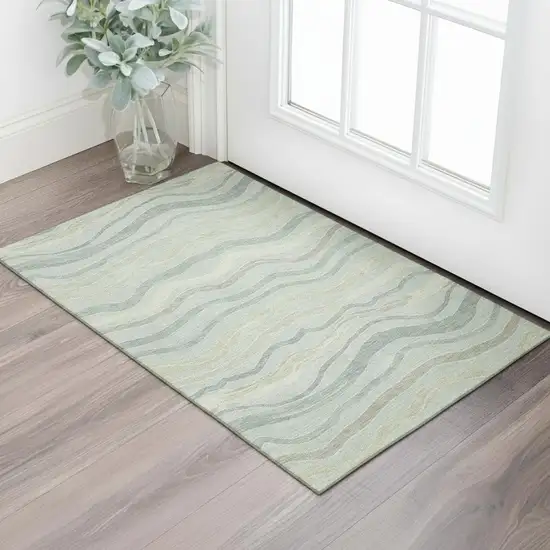 Sage Taupe And Ivory Striped Washable Area Rug With UV Protection Photo 2