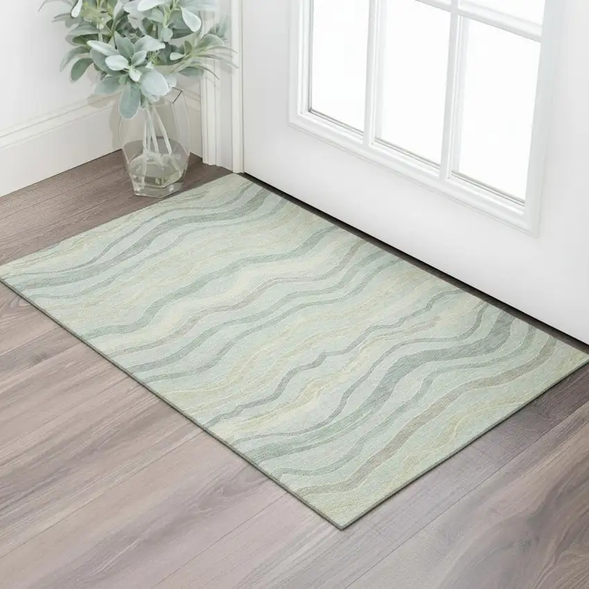 Sage Taupe And Ivory Striped Washable Area Rug With UV Protection Photo 2