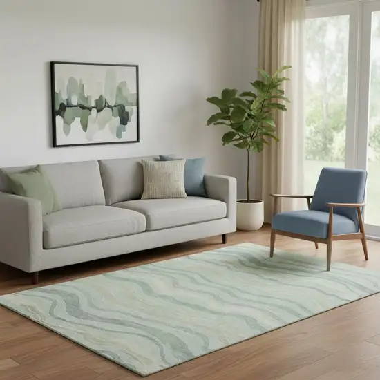 Sage Taupe And Ivory Striped Washable Area Rug With UV Protection Photo 2