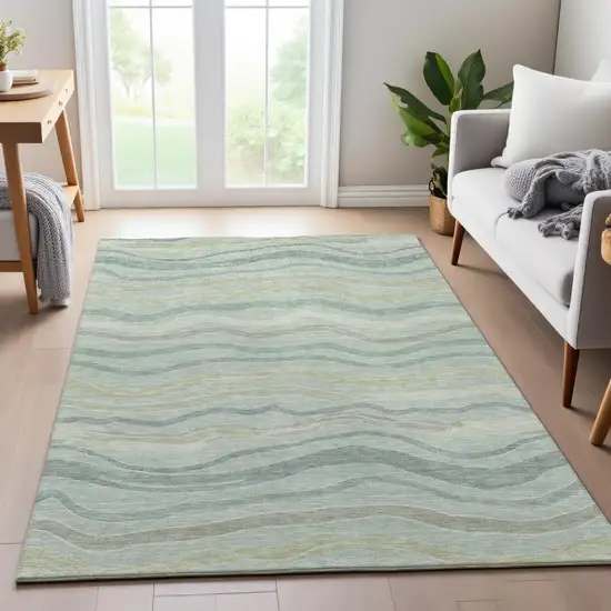 Sage Taupe And Ivory Striped Washable Area Rug With UV Protection Photo 5