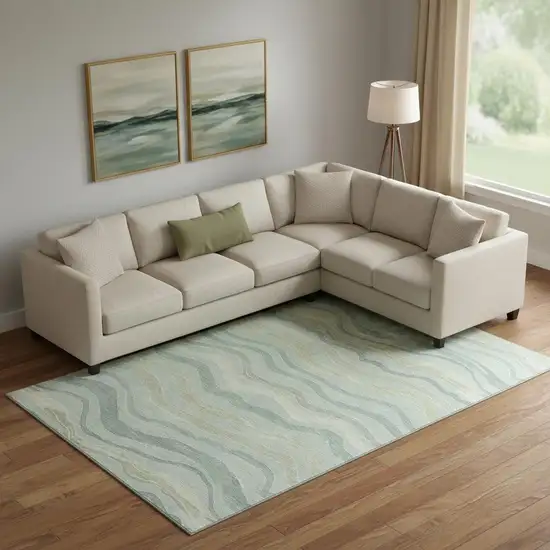 Sage Taupe And Ivory Striped Washable Area Rug With UV Protection Photo 2