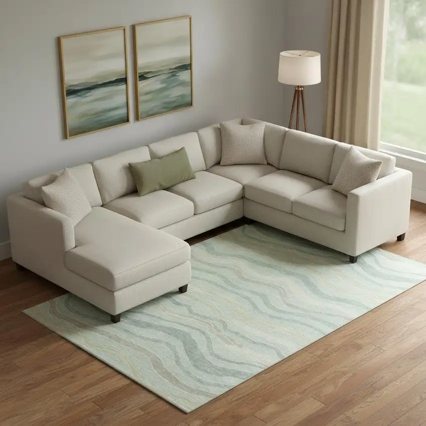 Sage Taupe And Ivory Striped Washable Area Rug With UV Protection Photo 2