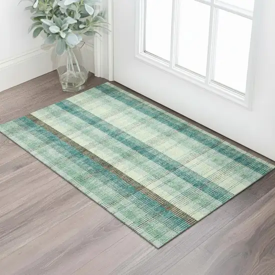 Sage Teal And Ivory Plaid Washable Area Rug With UV Protection Photo 2