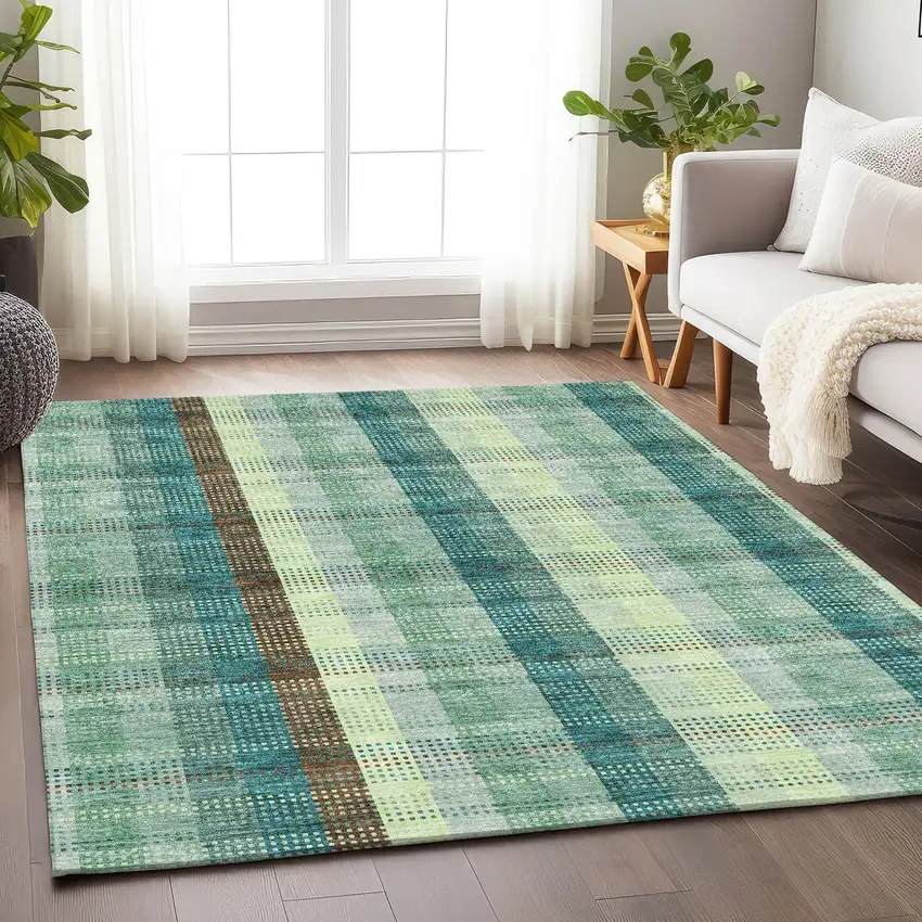 Sage Teal And Ivory Plaid Washable Area Rug With UV Protection Photo 4