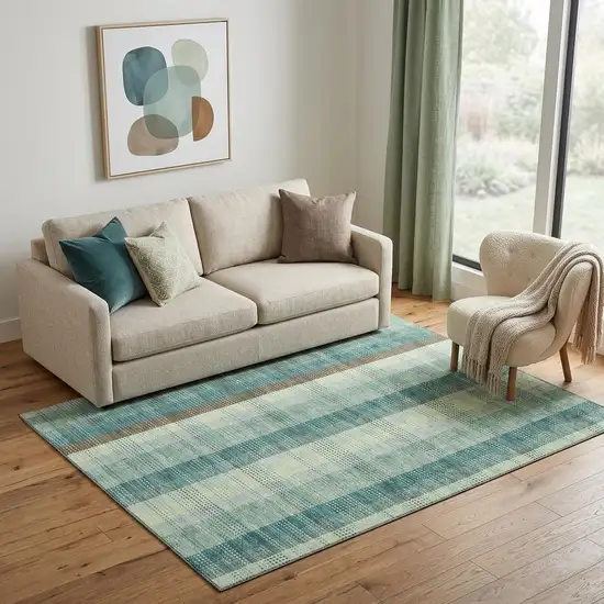 Sage Teal And Ivory Plaid Washable Area Rug With UV Protection Photo 1