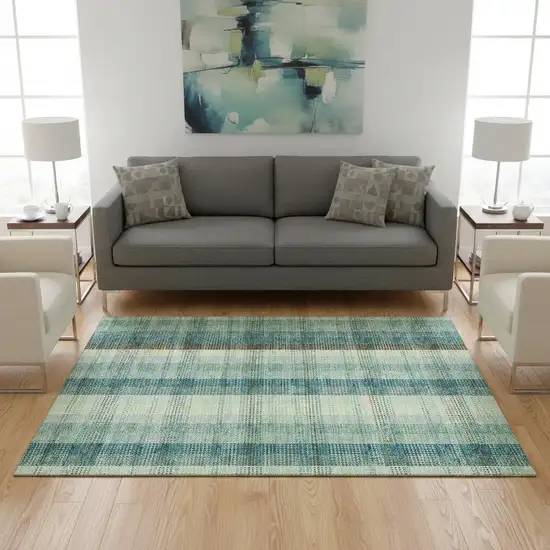 Sage Teal And Ivory Plaid Washable Area Rug With UV Protection Photo 2