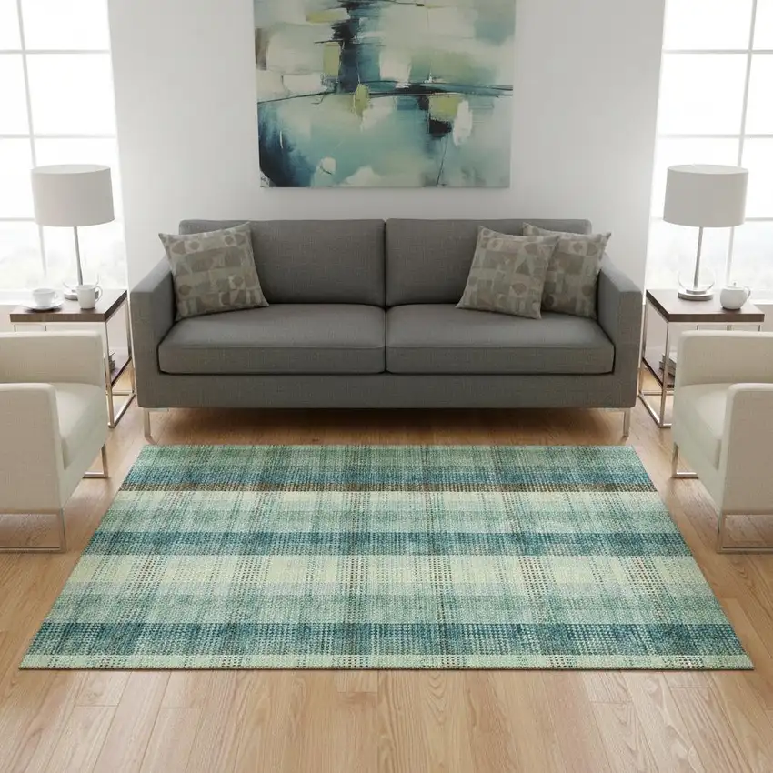 Sage Teal And Ivory Plaid Washable Area Rug With UV Protection Photo 2