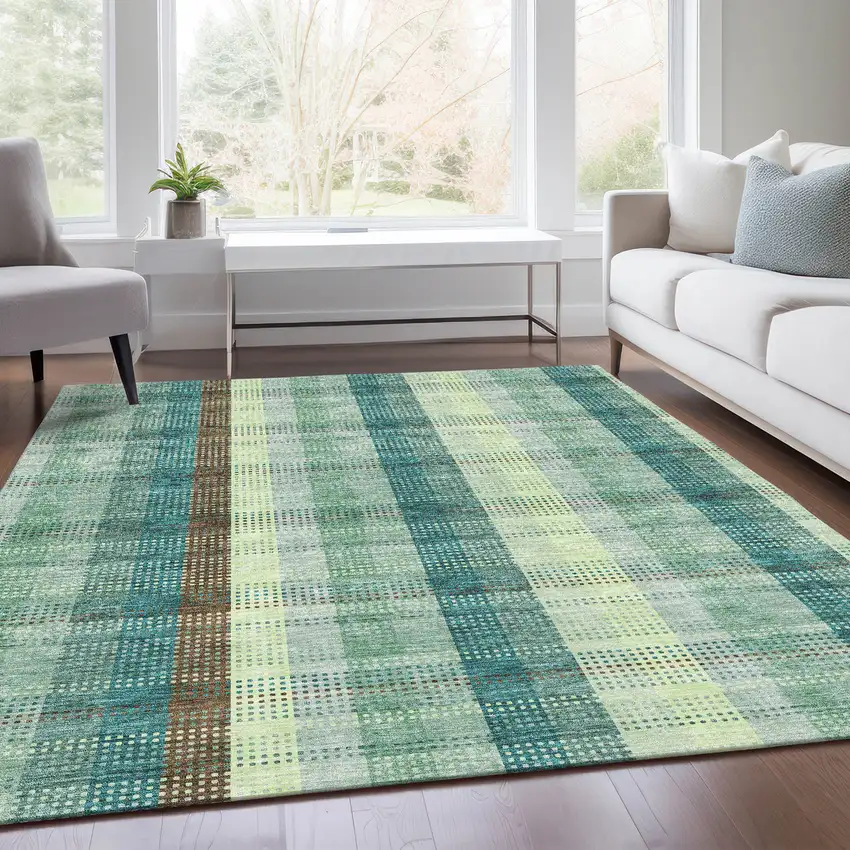 Sage Teal And Ivory Plaid Washable Area Rug With UV Protection Photo 5