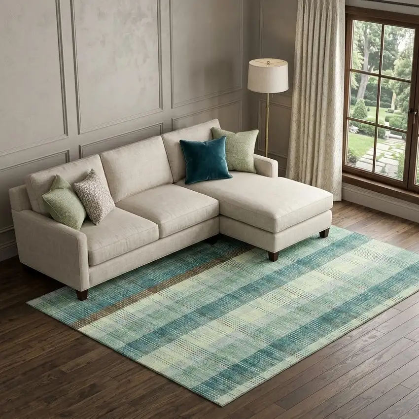 Sage Teal And Ivory Plaid Washable Area Rug With UV Protection Photo 1