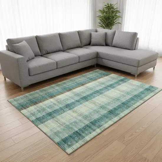 Sage Teal And Ivory Plaid Washable Area Rug With UV Protection Photo 2