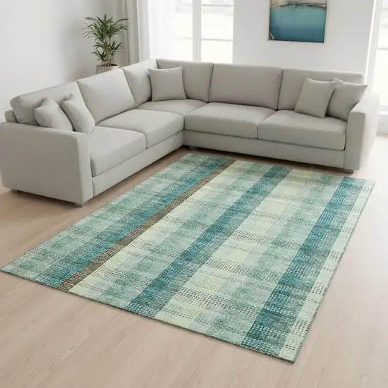 Sage Teal And Ivory Plaid Washable Area Rug With UV Protection Photo 2