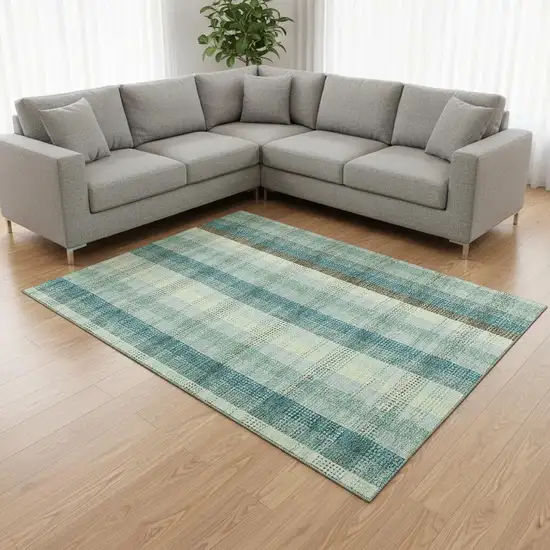Sage Teal And Ivory Plaid Washable Area Rug With UV Protection Photo 2