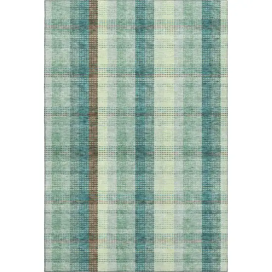 Sage Teal And Ivory Plaid Washable Area Rug With UV Protection Photo 1