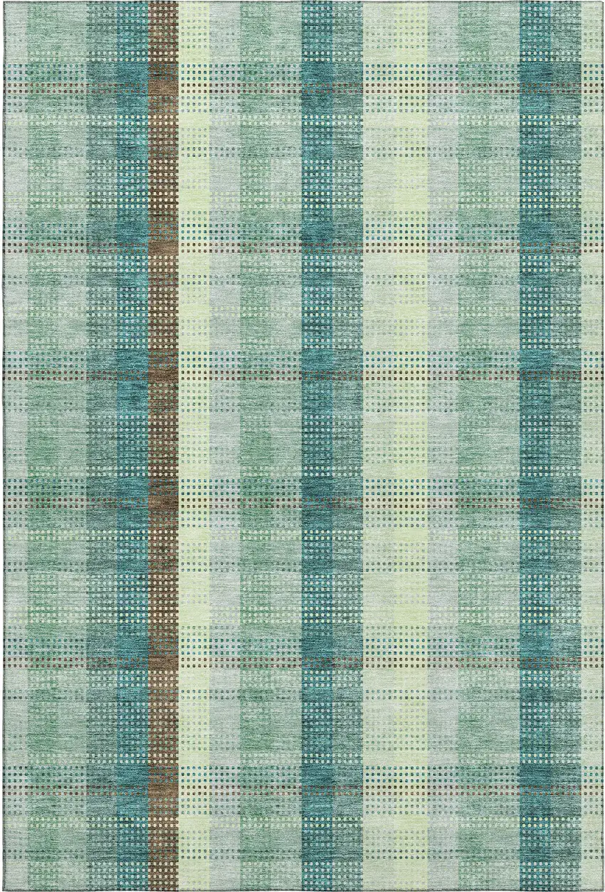 Sage Teal And Ivory Plaid Washable Area Rug With UV Protection Photo 1