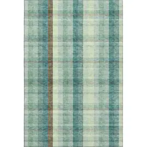 Photo of Sage Teal And Ivory Plaid Washable Area Rug With UV Protection