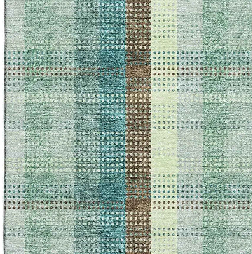 Sage Teal And Ivory Plaid Washable Area Rug With UV Protection Photo 2