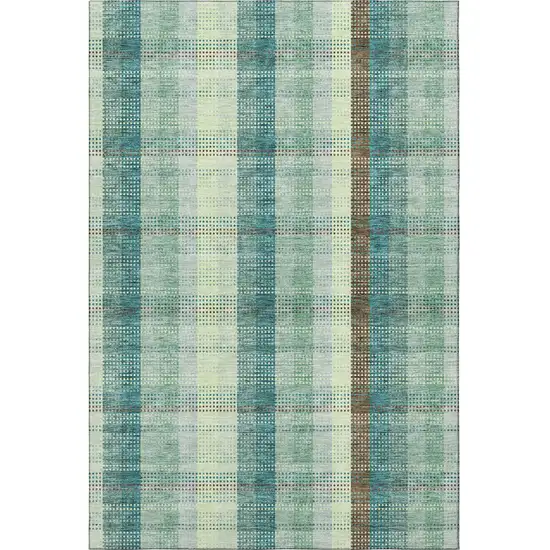 Sage Teal And Ivory Plaid Washable Area Rug With UV Protection Photo 3