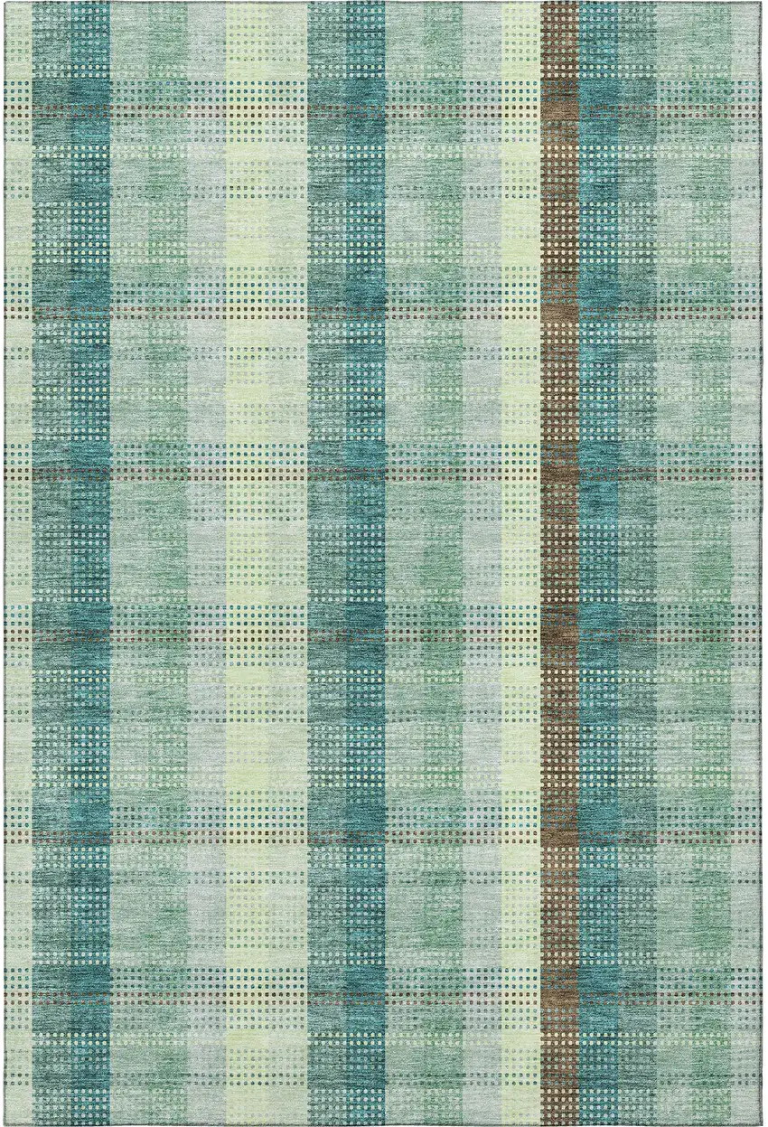 Sage Teal And Ivory Plaid Washable Area Rug With UV Protection Photo 3