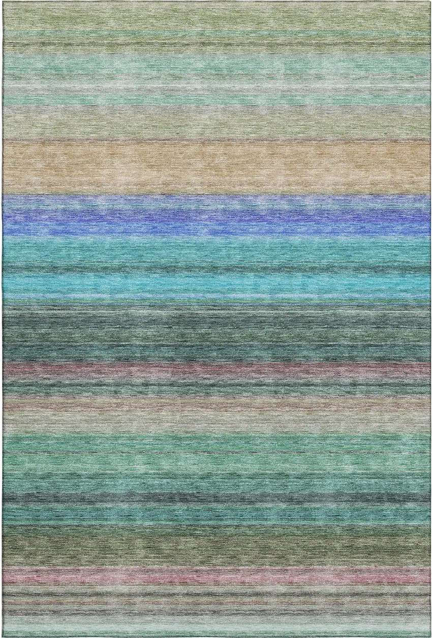 Sage Teal And Lavender Striped Washable Area Rug With UV Protection Photo 1
