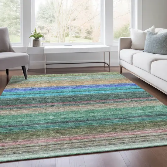 Sage Teal And Lavender Striped Washable Area Rug With UV Protection Photo 5