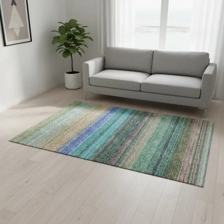 Sage Teal And Lavender Striped Washable Area Rug With UV Protection Photo 2