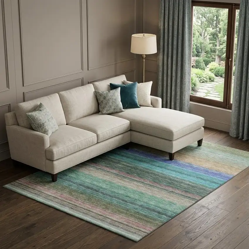 Sage Teal And Lavender Striped Washable Area Rug With UV Protection Photo 1