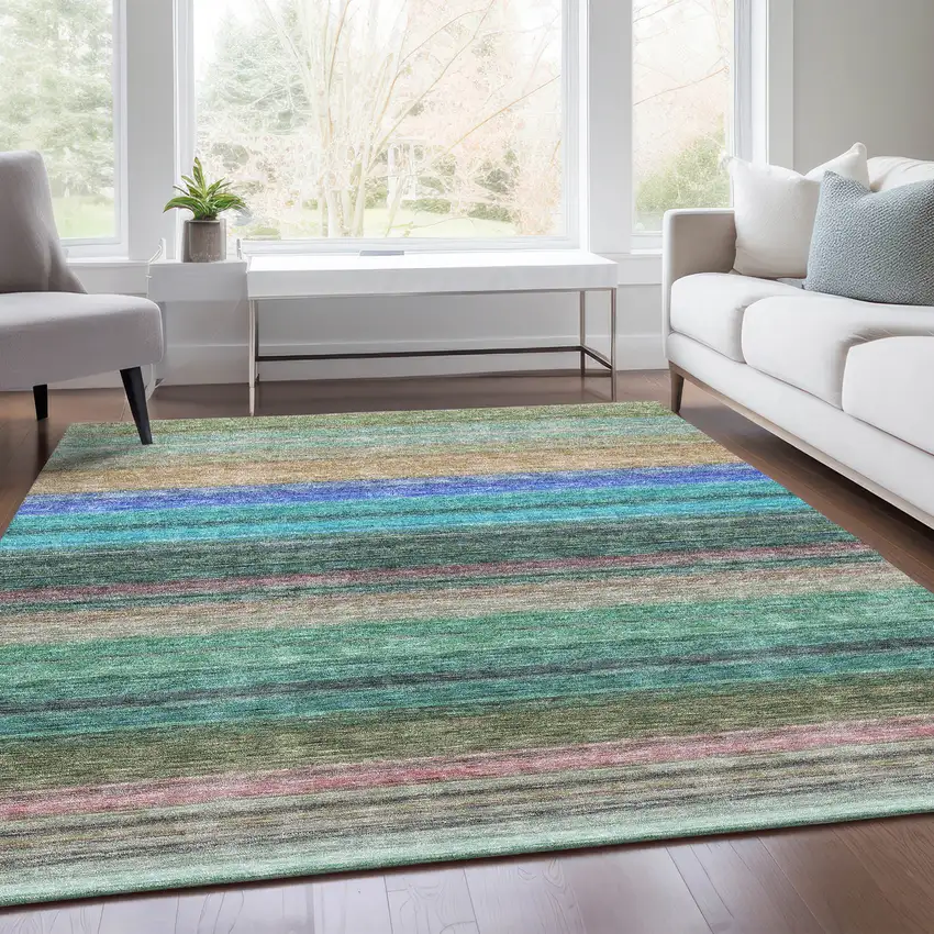Sage Teal And Lavender Striped Washable Area Rug With UV Protection Photo 6