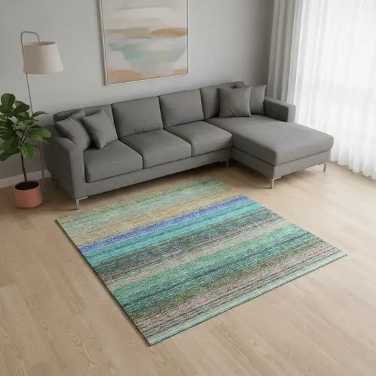 Sage Teal And Lavender Striped Washable Area Rug With UV Protection Photo 2