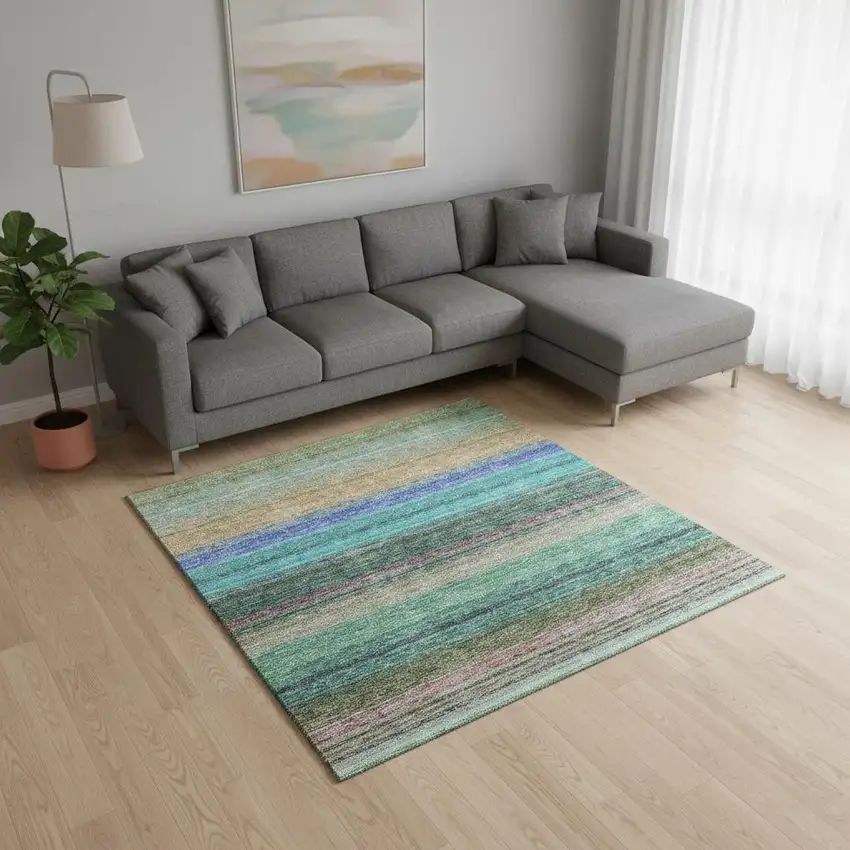 Sage Teal And Lavender Striped Washable Area Rug With UV Protection Photo 2