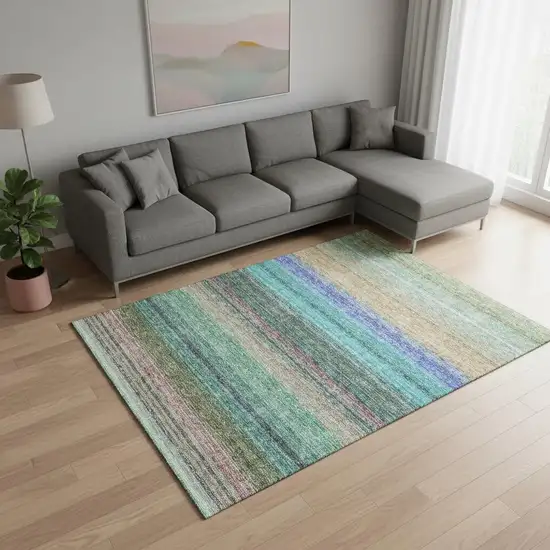 Sage Teal And Lavender Striped Washable Area Rug With UV Protection Photo 2