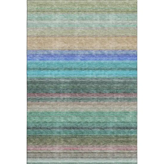 Sage Teal And Lavender Striped Washable Area Rug With UV Protection Photo 1
