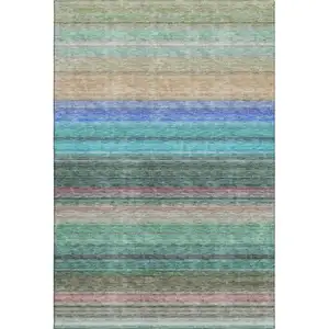 Photo of Sage Teal And Lavender Striped Washable Area Rug With UV Protection