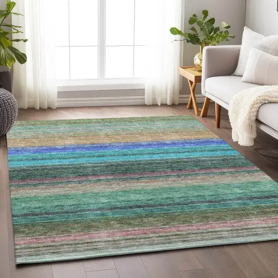 Sage Teal And Lavender Striped Washable Area Rug With UV Protection Photo 3