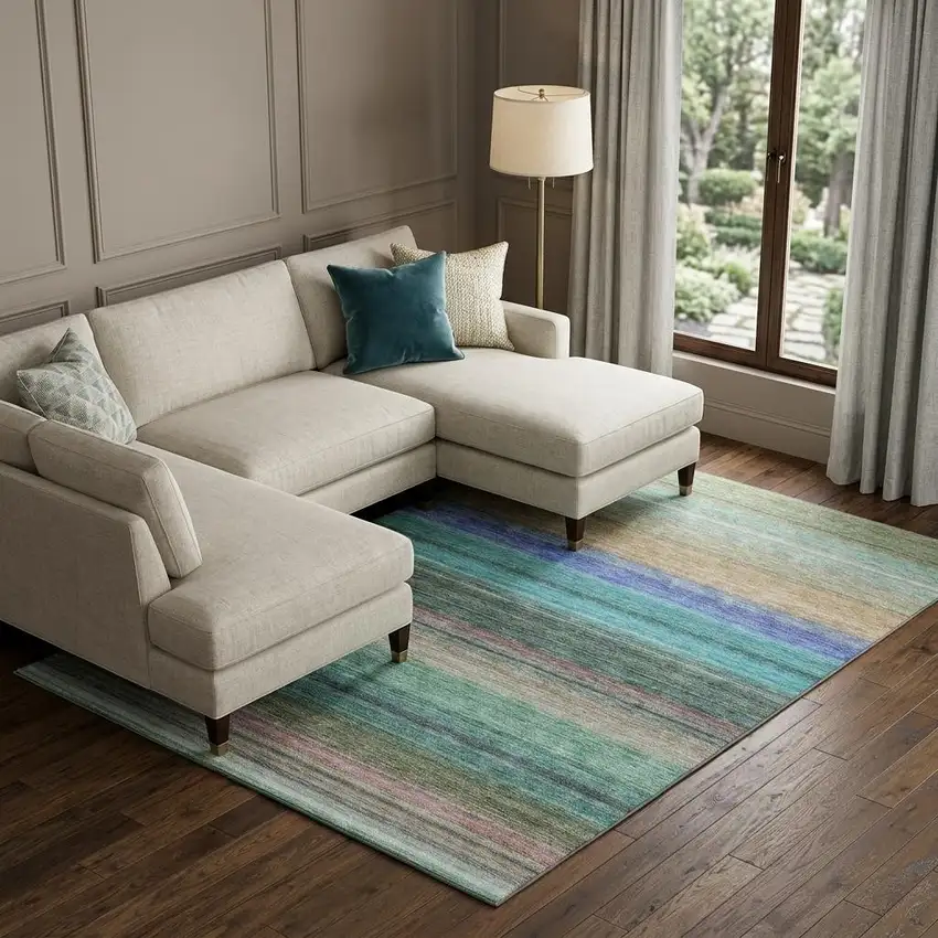 Sage Teal And Lavender Striped Washable Area Rug With UV Protection Photo 1