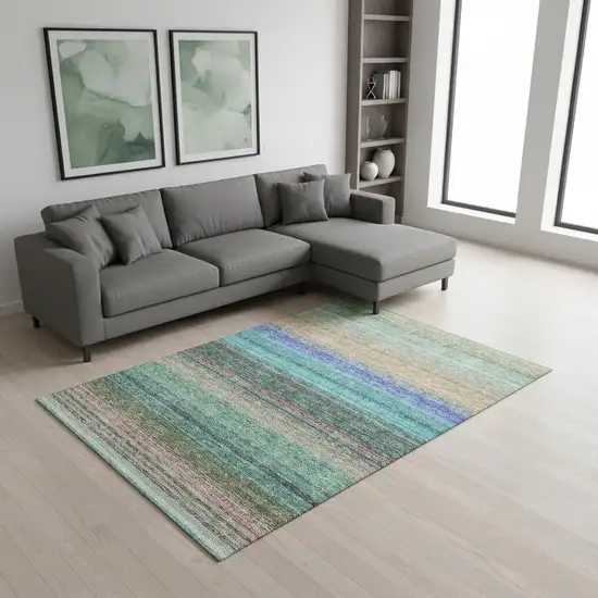Sage Teal And Lavender Striped Washable Area Rug With UV Protection Photo 2