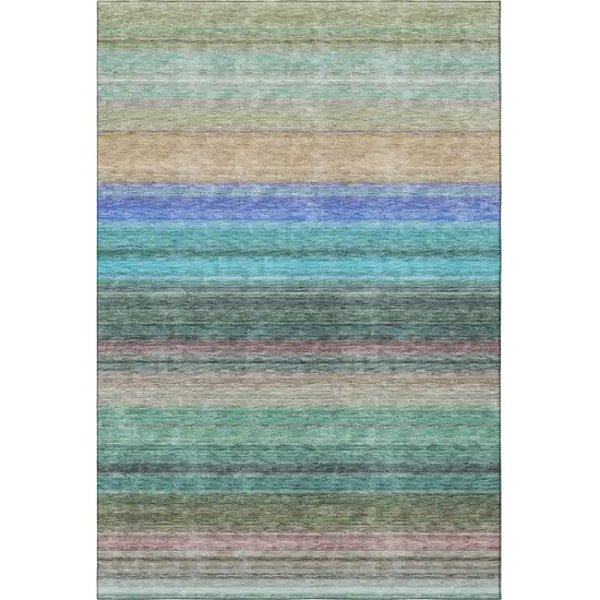 Sage Teal And Lavender Striped Washable Area Rug With UV Protection Photo 2