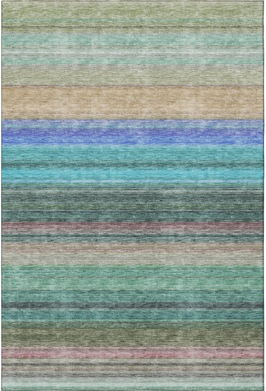 Sage Teal And Lavender Striped Washable Area Rug With UV Protection Photo 2