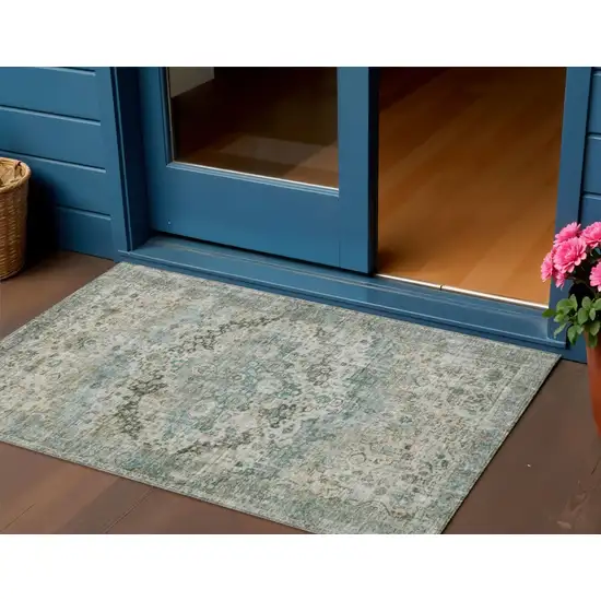 Sage Teal Blue And Beige Floral Washable Indoor Outdoor Area Rug Photo 2