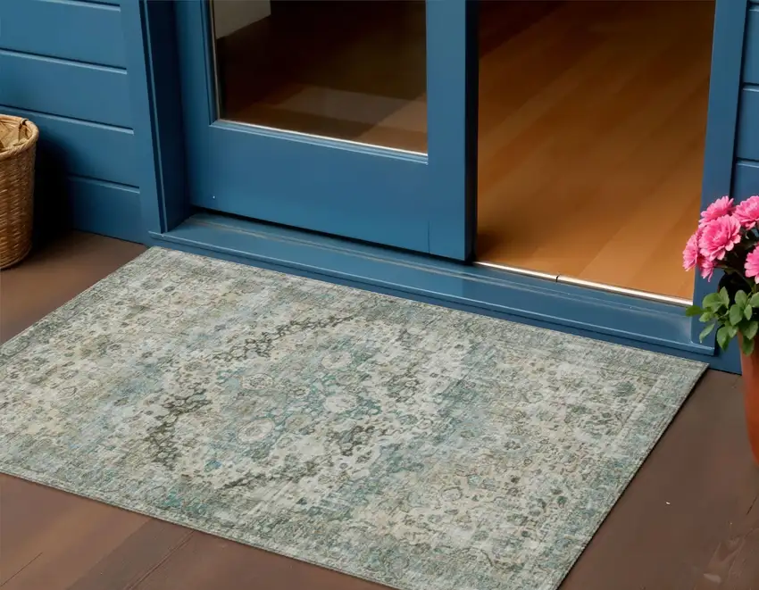 Sage Teal Blue And Beige Floral Washable Indoor Outdoor Area Rug Photo 2