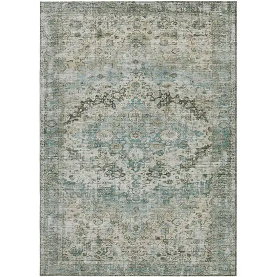 Sage Teal Blue And Beige Floral Washable Indoor Outdoor Area Rug Photo 3