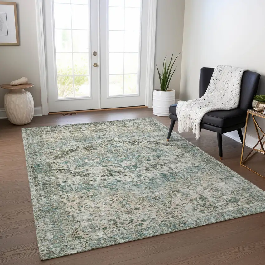 Sage Teal Blue And Beige Floral Washable Indoor Outdoor Area Rug Photo 6