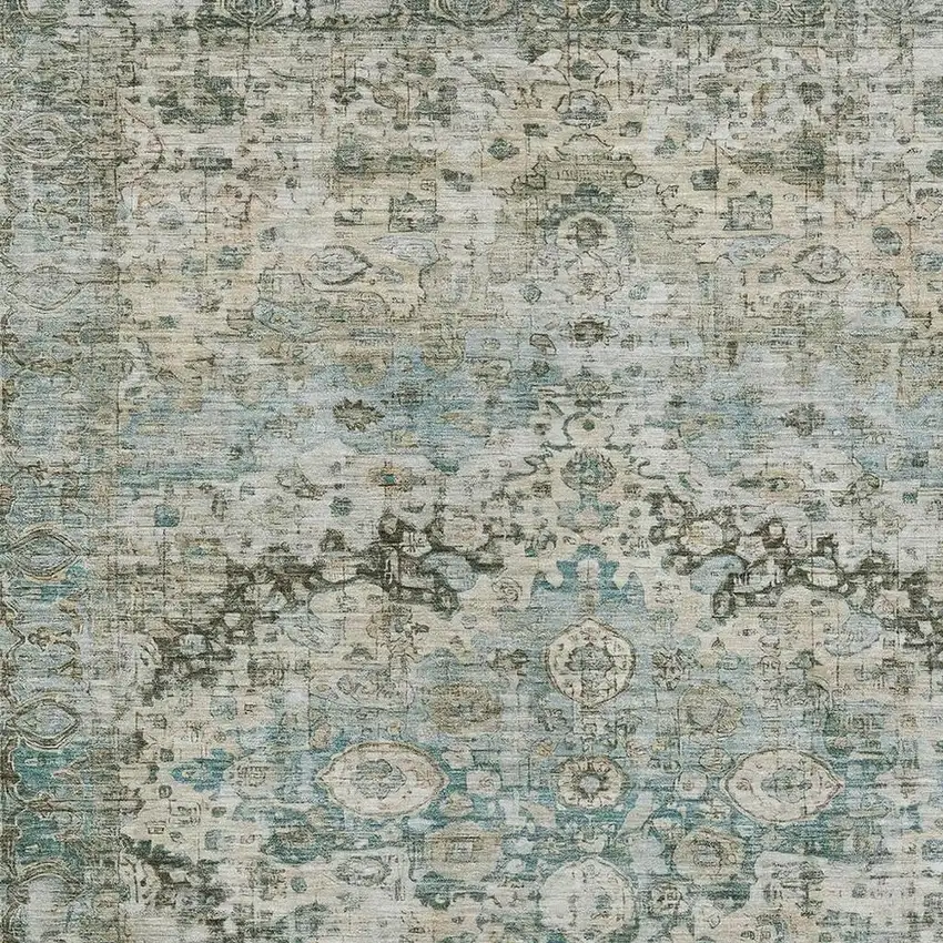 Sage Teal Blue And Beige Floral Washable Indoor Outdoor Area Rug Photo 4