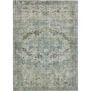Photo of Sage Teal Blue And Beige Floral Washable Indoor Outdoor Area Rug