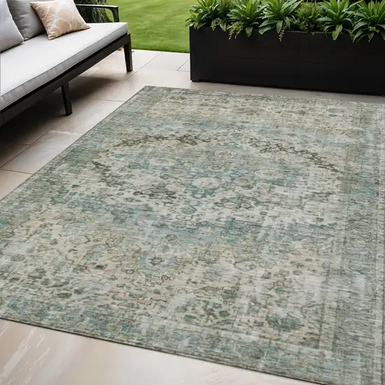 Sage Teal Blue And Beige Floral Washable Indoor Outdoor Area Rug Photo 2