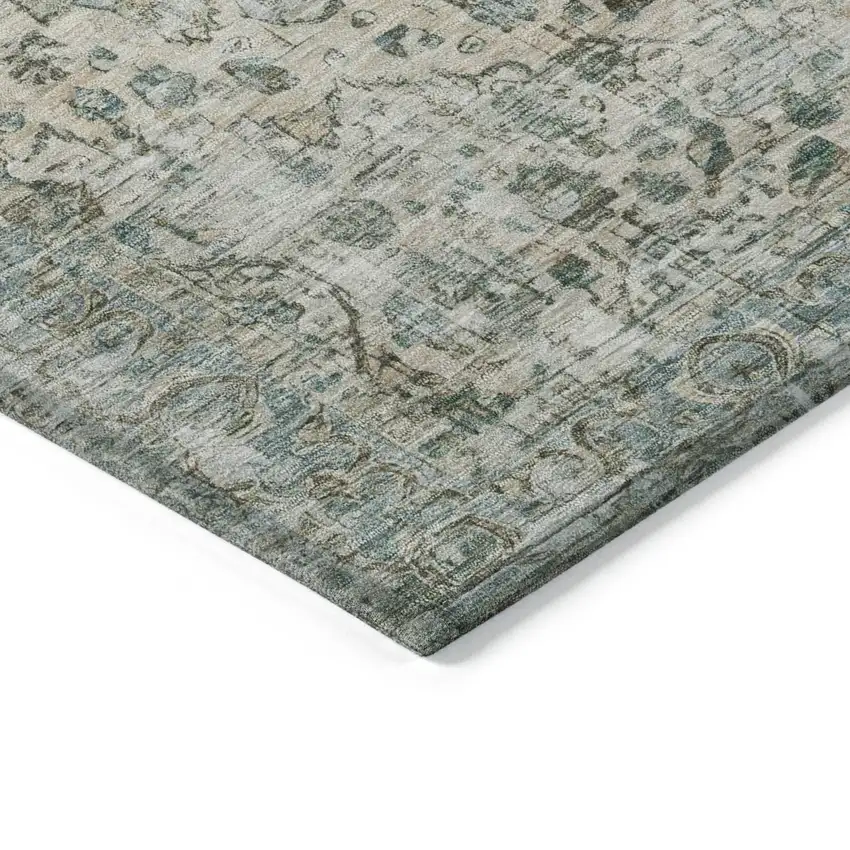 Sage Teal Blue And Beige Floral Washable Indoor Outdoor Area Rug Photo 9
