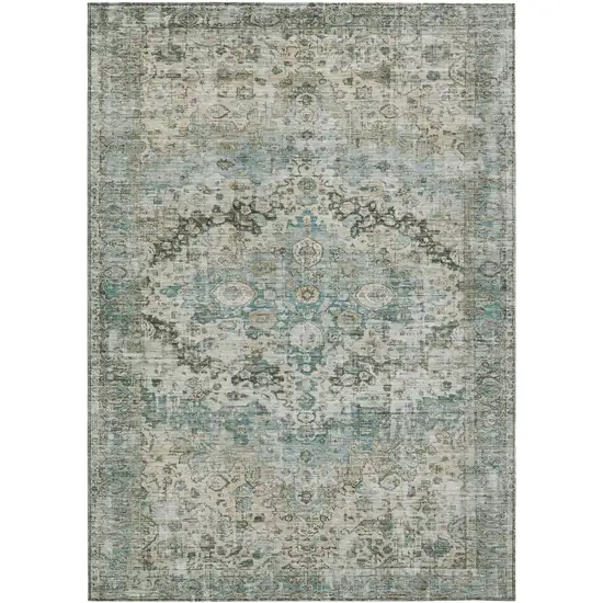 Sage Teal Blue And Beige Floral Washable Indoor Outdoor Area Rug Photo 1