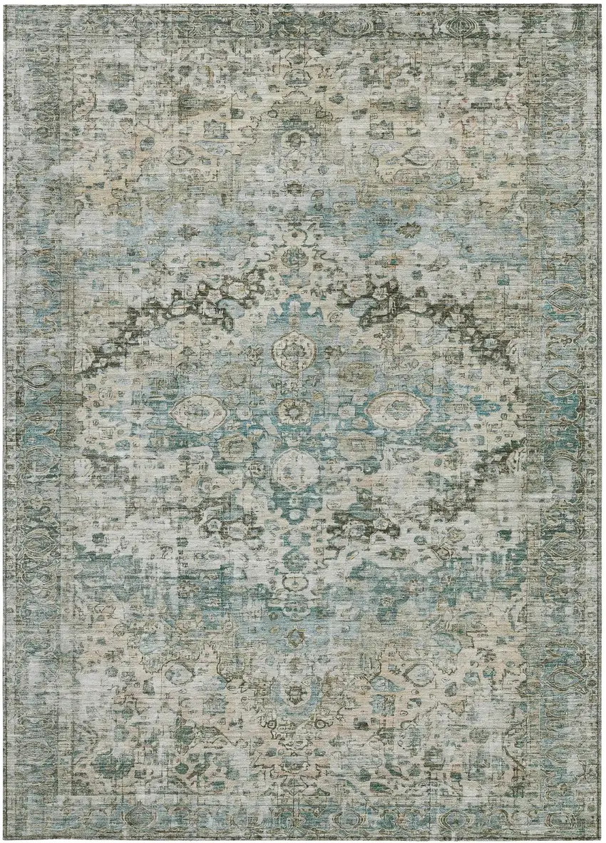 Sage Teal Blue And Beige Floral Washable Indoor Outdoor Area Rug Photo 4