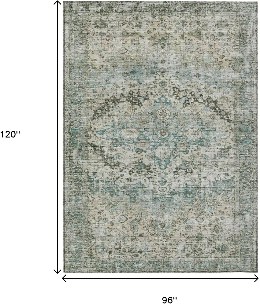 Sage Teal Blue And Beige Floral Washable Indoor Outdoor Area Rug Photo 9