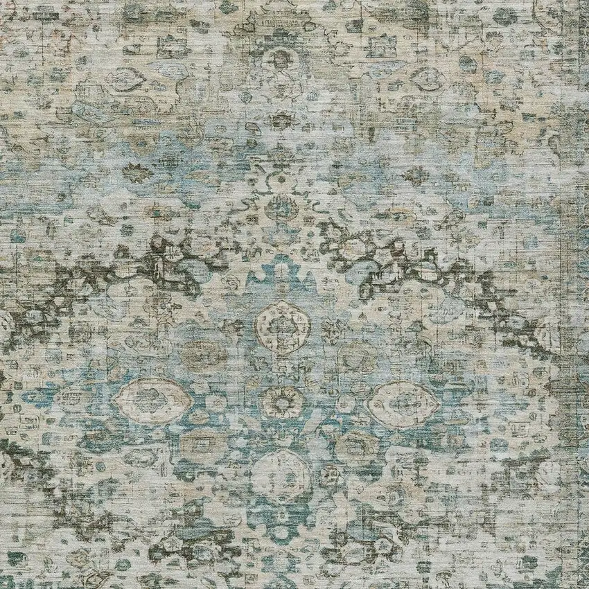 Sage Teal Blue And Beige Floral Washable Indoor Outdoor Area Rug Photo 7